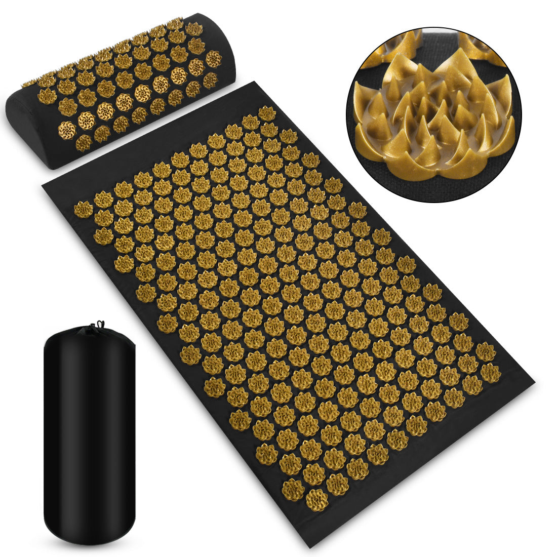 "Acupressure mat black gold — premium massage mat and pillow set for home wellness"