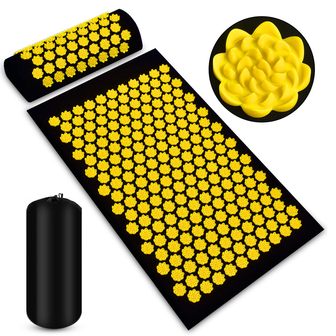 "Acupressure mat black and yellow — spike massage mat for relaxation and recovery"