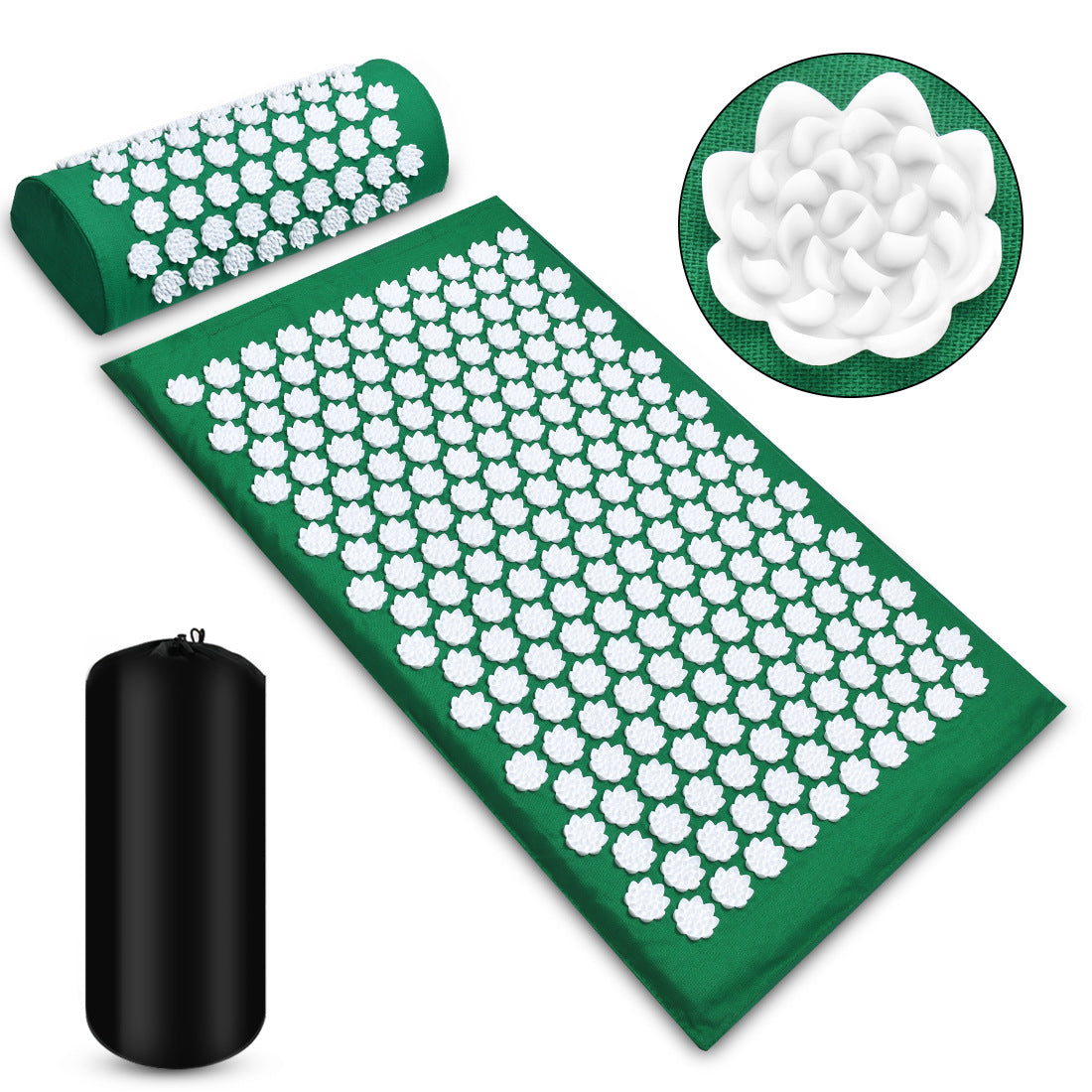"Acupressure mat in green — yoga mat with spike pillow for neck and back relief"