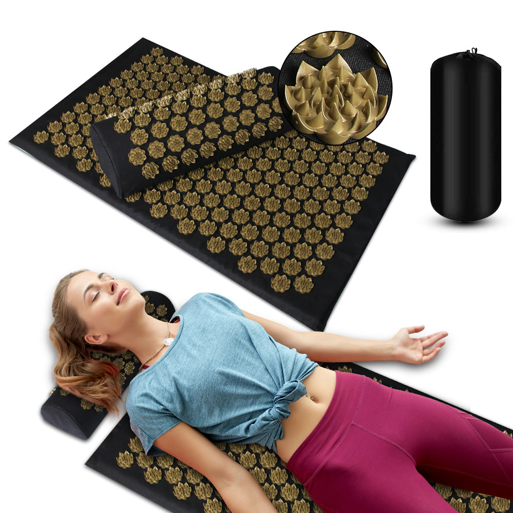 "Acupressure mat and pillow set full view — spike massage mat for back and neck relief"