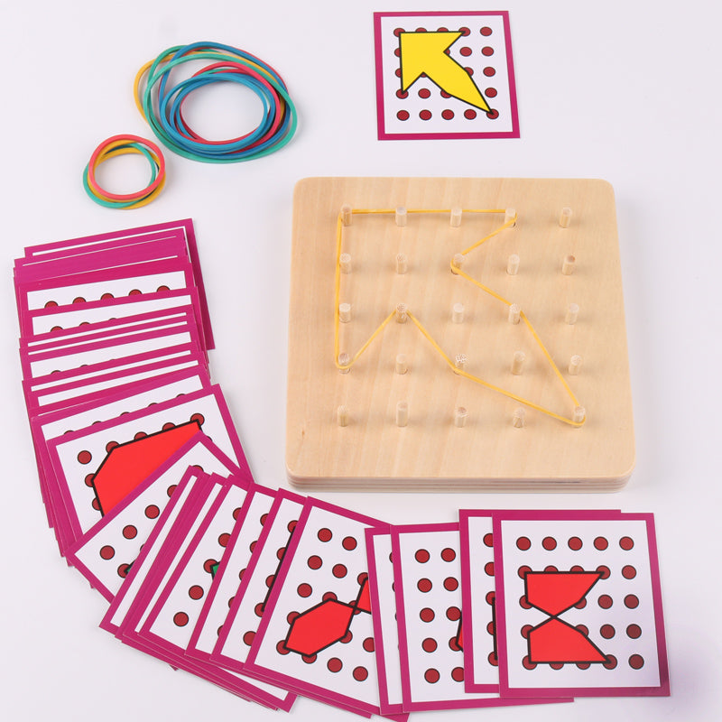 Wooden pegboard toy — colorful geometric shapes
