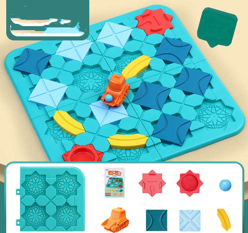 "Road maze puzzle — colorful pieces on 38x38cm play surface"
