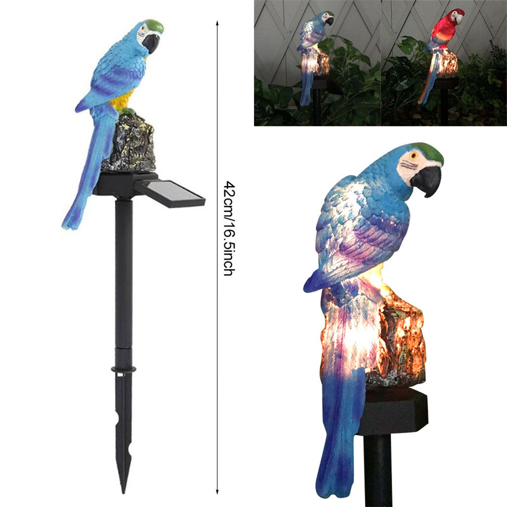 Solar parrot lamp — garden pathway in use — 40x40mm solar panel