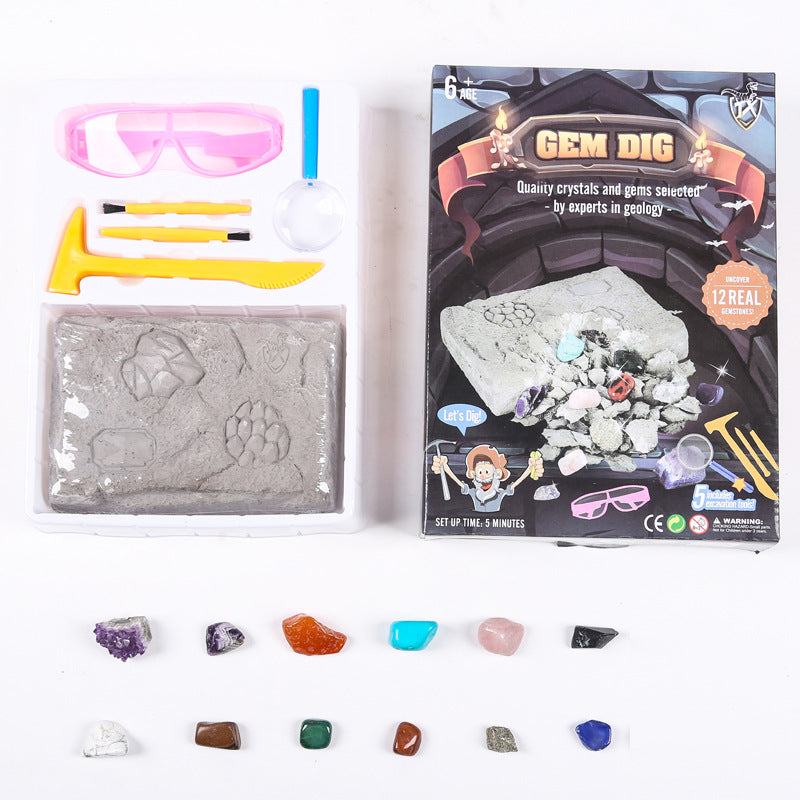 "Gem Dig STEM Kit — natural gemstones excavated from dig brick"
"Gem Dig STEM Kit — Style B classic set with mining tools"
