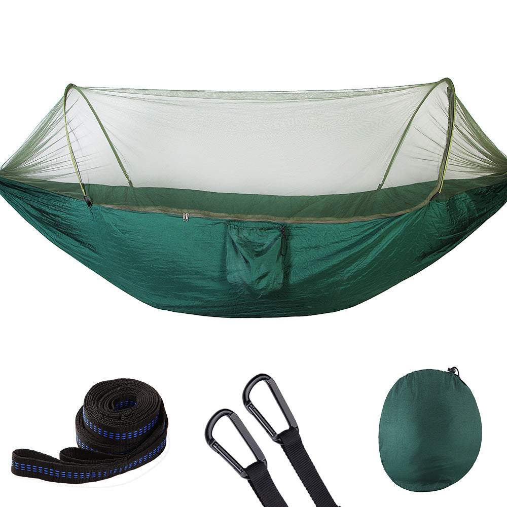 "Pop-up mosquito net hammock folded into storage bag — ultralight portable camping gear"