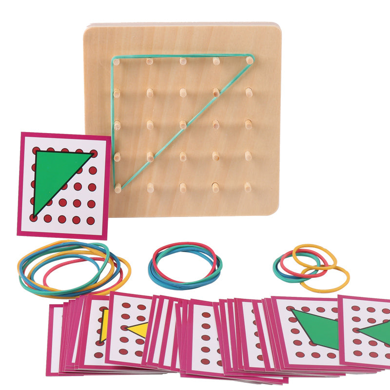 Montessori pegboard — child playing with colorful geometric shapes natural wood front view"
