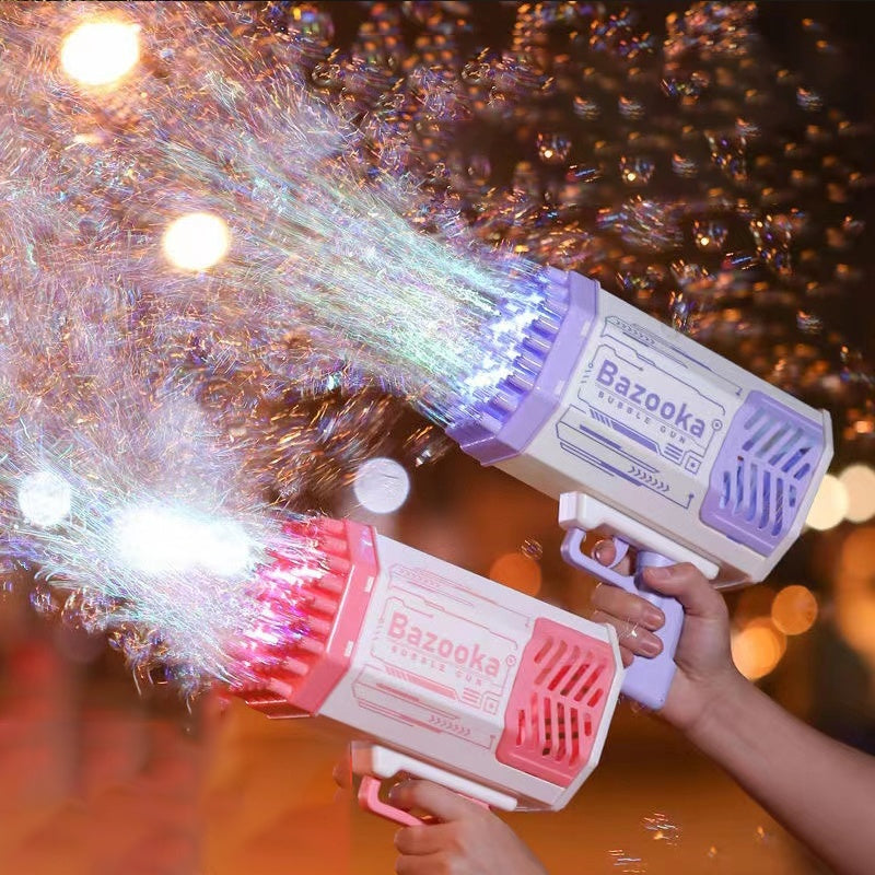 
"Bubble rocket gun — pink color with LED lights on"

