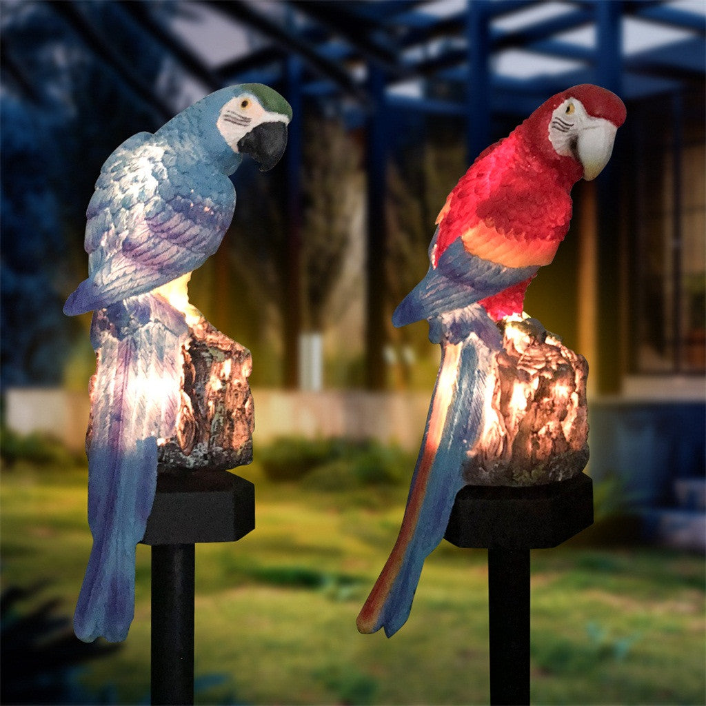 Solar parrot lamp — garden pathway in use — 40x40mm solar panel"

