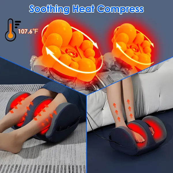 Shiatsu foot and calf massager soothing heat compress 107.6°F kneading therapy in use
