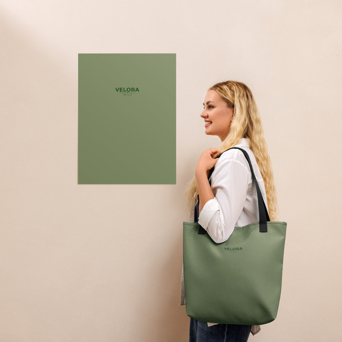 Velora Wild Sage Green Logo Tote Bag – lifestyle front