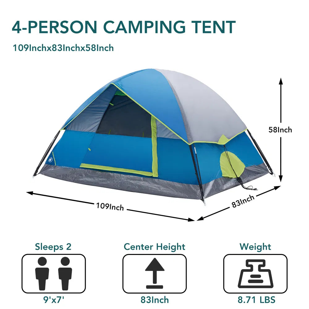 "4-person dome camping tent in Blue — family waterproof outdoor tent Velora Wild"