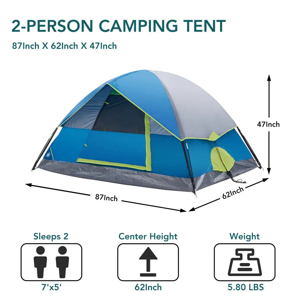 "2-person dome camping tent in Blue — lightweight waterproof tent for couples"
