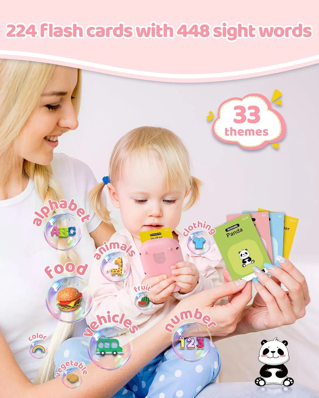 Child using talking flash card reader — Montessori speech therapy toy for toddlers