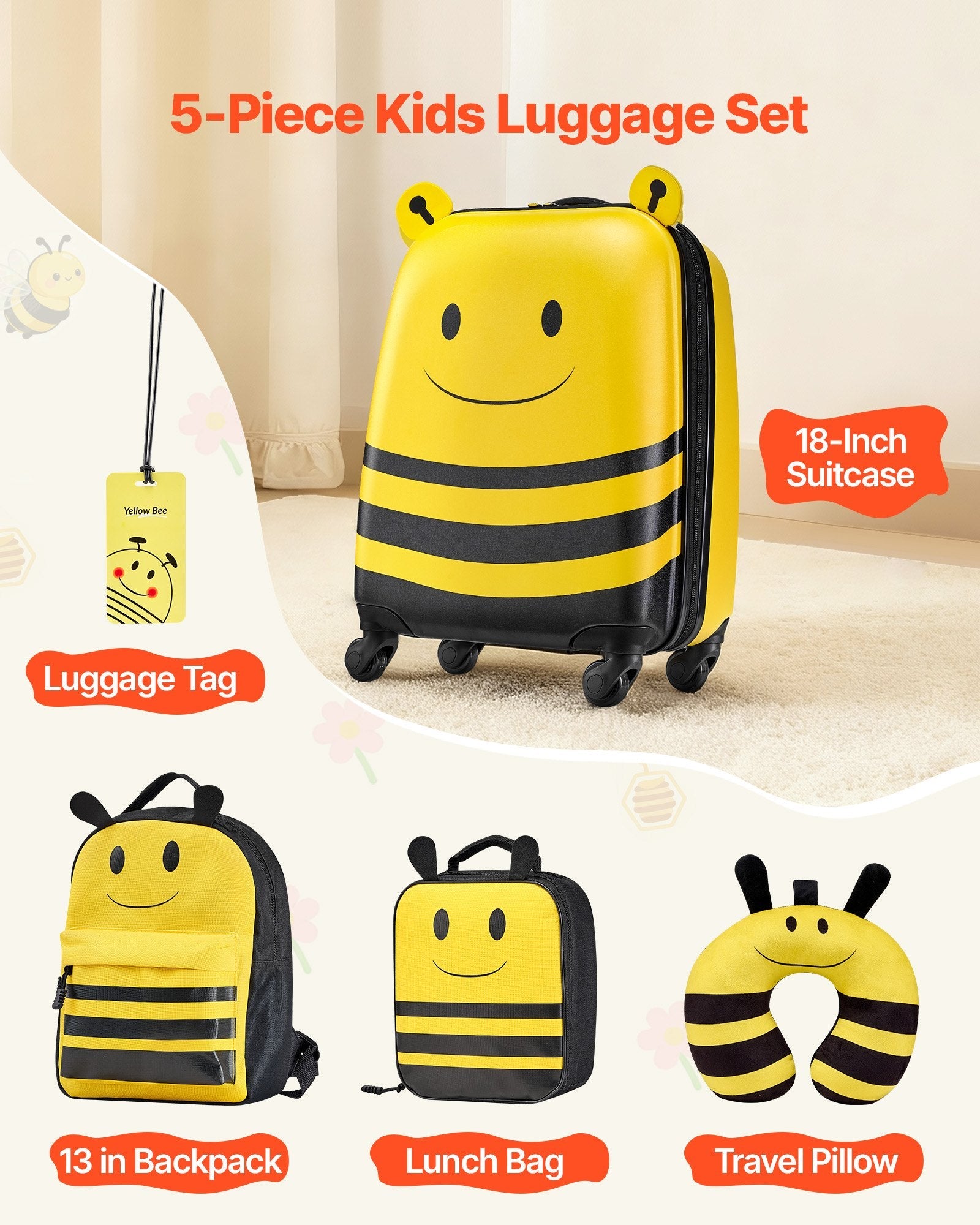 Kids 5 - Piece Luggage Set — Bee - Velora Wild