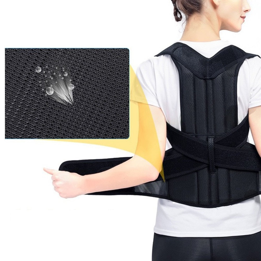 "Posture corrector worn by model showing correct spine alignment — front view"