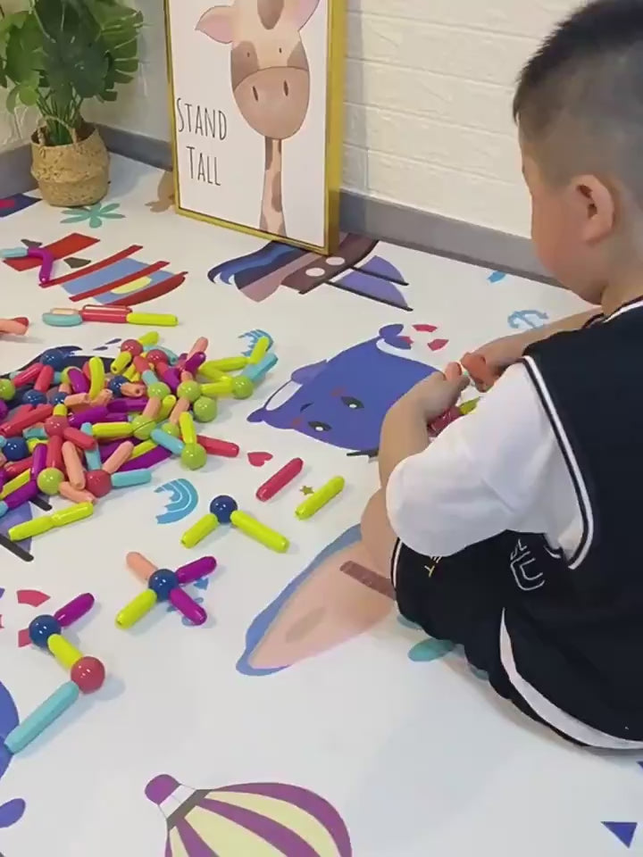 Kids Magnetic stick blocks toy— 360° rotation connection detail— 3D structure example
