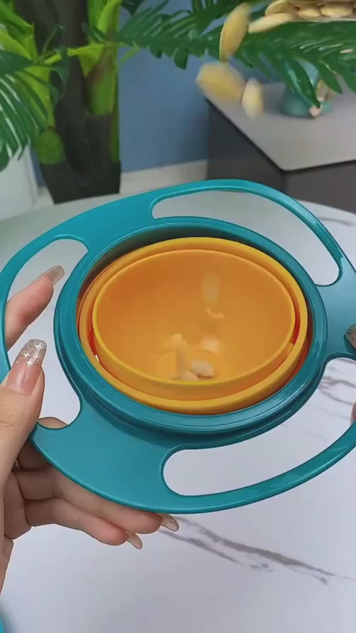 360° spill-proof rotating bowl set green blue pink — baby self-feeding demonstration
