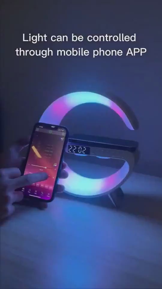 "G-Shape LED lamp — clock and alarm display— sleep light mode ambiance"