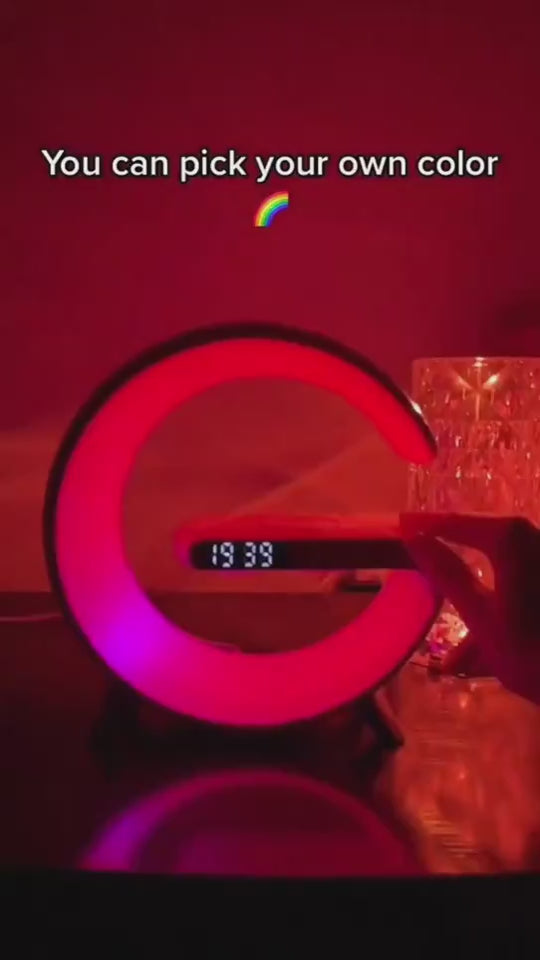 "G-Shape LED lamp — clock and alarm display— sleep light mode ambiance"