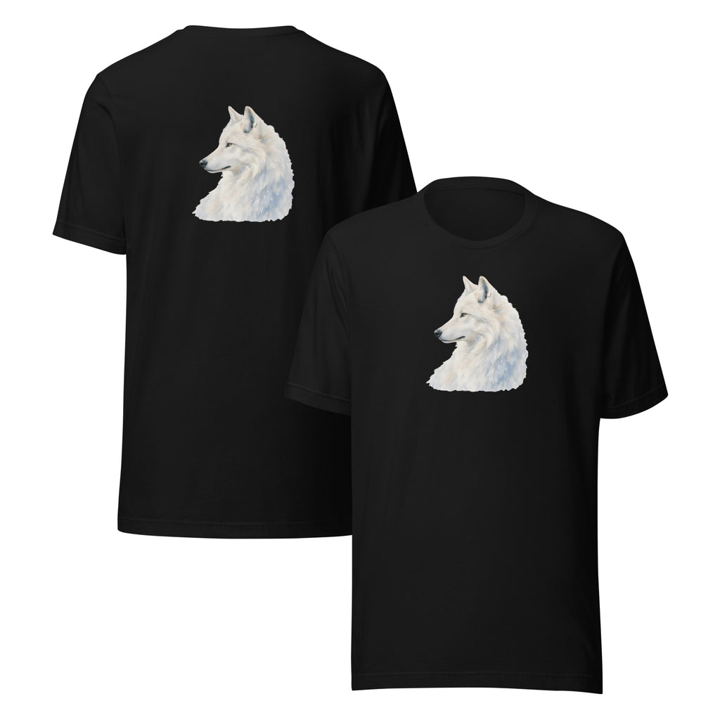 White wolf graphic print on a black unisex t-shirt, front and back view, wildlife nature art tee by Velora Wild