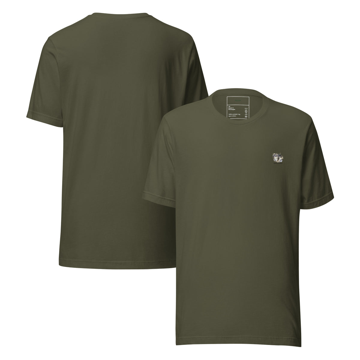 Velora Wild Wolf Spirit Unisex Tee – Military Green, front and back view