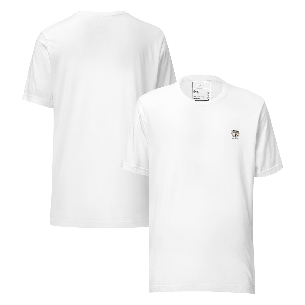 Velora Wild Wolf Spirit Unisex Tee – White, front and back view